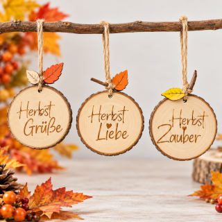 Holzscheibe Herbst mit Schriftzug | Deko & Juteband 8 cm