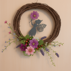 Dekorativer Holzkranz mit Seidenblumen & Elfe