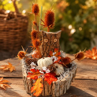 Holzschale mit Trockenblumen & Stoffkürbissen – liebevoll handgefertigt