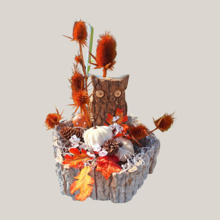 Holzschale mit Trockenblumen & Stoffkürbissen – liebevoll handgefertigt