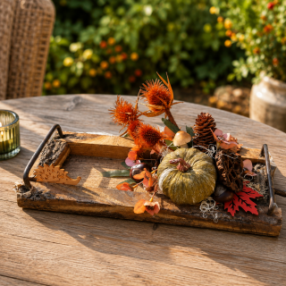 Herbstliches Holztablett mit Igel, Kürbis & Blüten