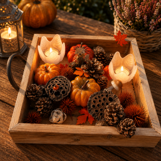 Herbstliches Tablett mit Kürbis & Teelicht – Unikat