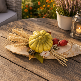 Herbstliche Tischdekoration mit Kürbis auf Baumscheibe – 35 × 11 cm