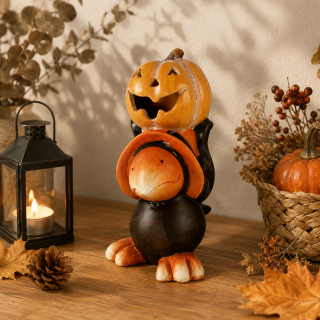 Keramik Rabe mit LED-Kürbis – herbstliche Dekofigur