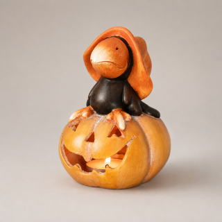 Keramik Rabe Windlicht – Herbstfigur mit Kürbis