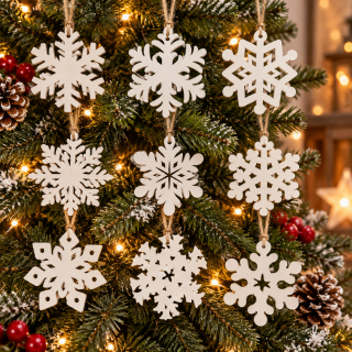 Schneeflocken aus Holz Weiß 7 cm – Weihnachtsdeko 9er Set