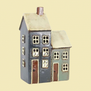 Keramik Windlicht "Doppelhaus" – Blau/Grün/Braun, 18 cm hoch