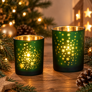 Glas Windlicht mit goldenem Sternenstaub 8–12 cm
