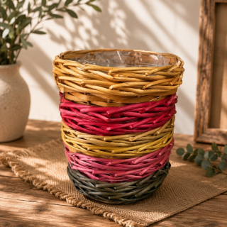 Robuster Rattan-Korb, rund in Orange, Rot, Grün, Gelb & Pink – Ø 17 cm