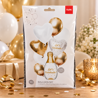 Ballon-Set Weiß/Gold – Sektflasche & Herzballons Party