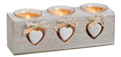 Teelichthalter aus Holz mit weißen Herzen & Glaseinsatz