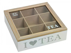 Teebox mit 9 Fächern, 24x7x24 cm – mit Klarsichtdeckel & Aufschrift „I love Tea&quote;