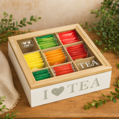 Teebox mit 9 Fächern, 24x7x24 cm Aufschrift „I love Tea&quote;