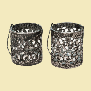 Metallwindlicht mit Glaseinsatz und Henkel, 9 cm