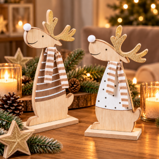 Holz Rentier White Nose – Winterdeko in Weiß & Braun