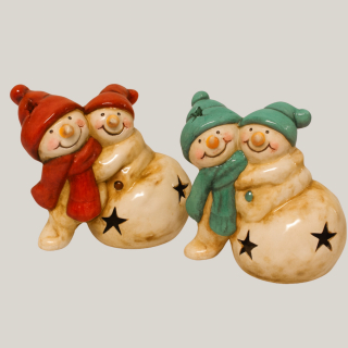 Schneemann Mama mit Kind – LED Figur in Rot oder Grün