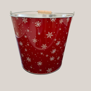 Großer Metalleimer – rote Deko mit Henkel & Schneeflocken