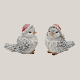 Winterspatz aus Polyresin mit Mütze im 2er Set