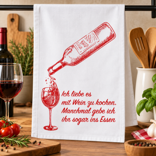Geschirrtuch „wine & dine“ – Weiß, roter Druck, 100 % Baumwolle