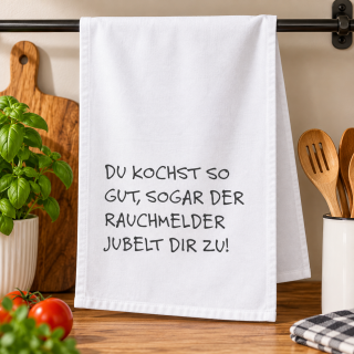 Geschirrtuch „Applaus vom Rauchmelder“ – Weiß, handbedruckt, 100 % Baumwolle