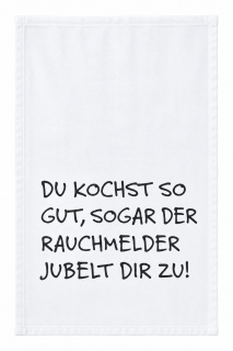 Geschirrtuch „Applaus vom Rauchmelder“ – Weiß, handbedruckt, 100 % Baumwolle