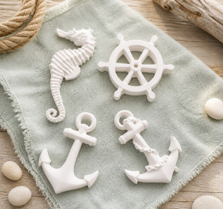 Maritimes Deko Set aus Gips – 4-teilig mit Anker, Seepferdchen & Steuerrad