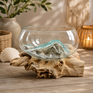 Wurzelholz Teak mit Glasschale Ø 25 cm | Unikat