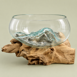 Wurzelholz Teak mit Glasschale Ø 25 cm | Unikat
