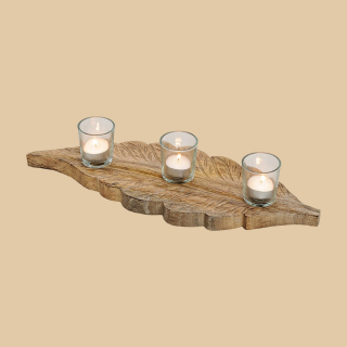 Windlicht 3-flammig aus Glas & Mangoholz modern