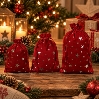 Geschenksäckchen Sterne 3er Set | Grün-Rot mit Glanz